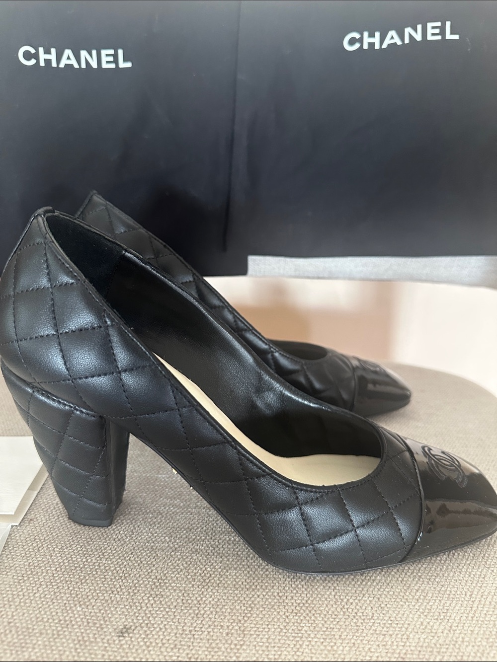 CHANEL Black Quilted Patent Leather Square-Toe Pumps